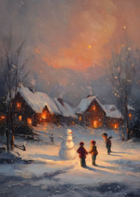 Barn bygger en snögubbe i ett vinterlandskap vid skymning-3