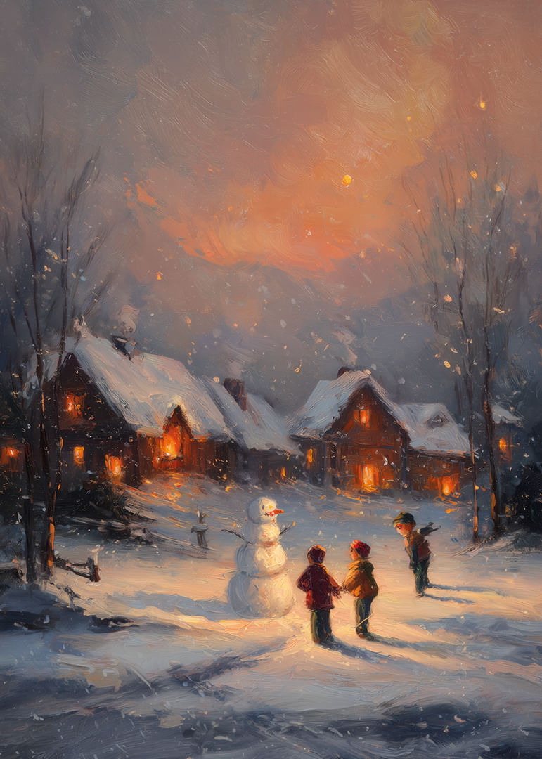 Barn bygger en snögubbe i ett vinterlandskap vid skymning-12