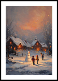 Des enfants construisent un bonhomme de neige dans un paysage hivernal au crépuscule-0