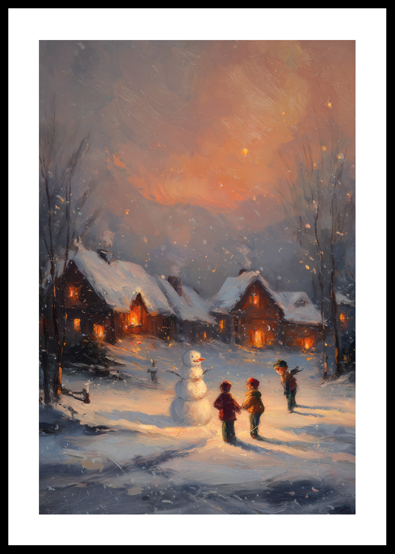 Des enfants construisent un bonhomme de neige dans un paysage hivernal au crépuscule-12