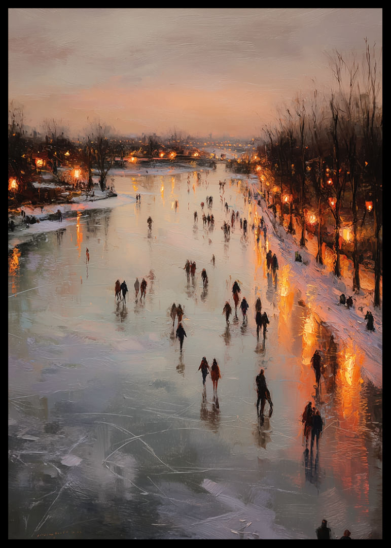 Gnistrande isbana med glödande vinterljus och skridskoåkare-12