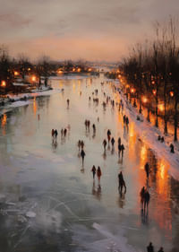 Gnistrande isbana med glödande vinterljus och skridskoåkare-3