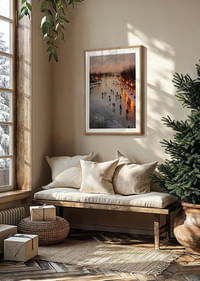 Gnistrande isbana med glödande vinterljus och skridskoåkare-4