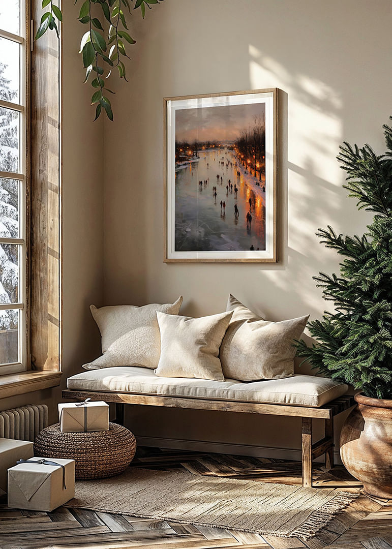 Gnistrande isbana med glödande vinterljus och skridskoåkare-12