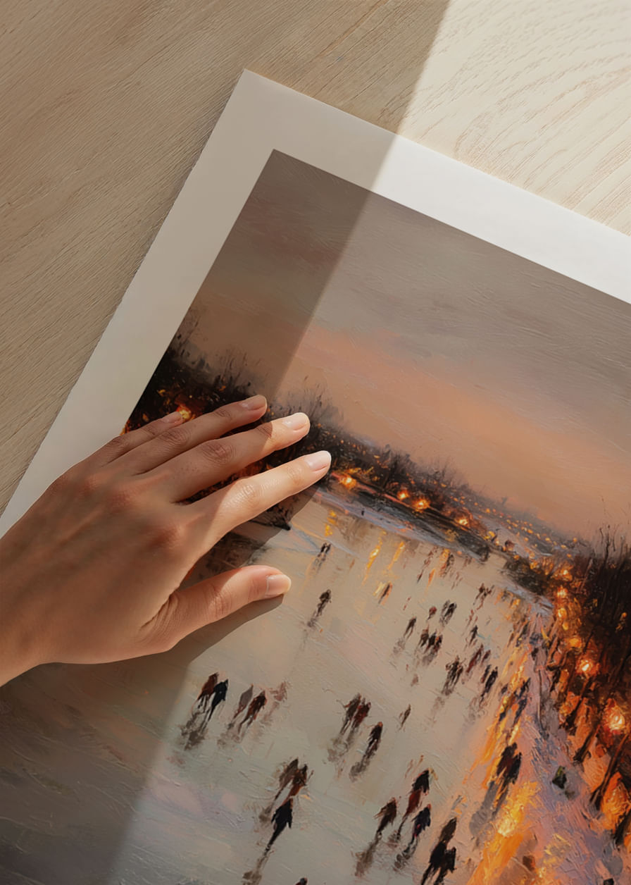 Gnistrande isbana med glödande vinterljus och skridskoåkare-12