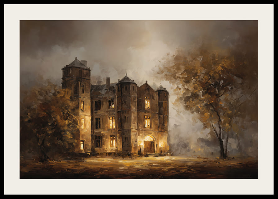 An atmospheric view of an illuminated mansion surrounded by the glow of autumn leaves-12