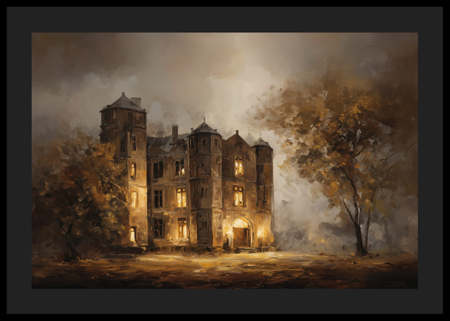 An atmospheric view of an illuminated mansion surrounded by the glow of autumn leaves-12