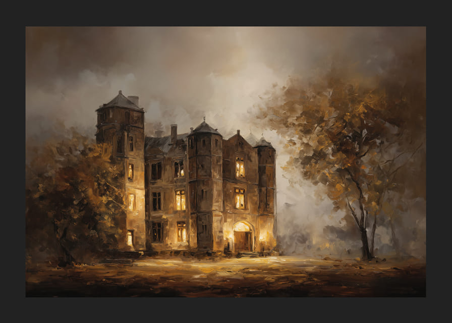 An atmospheric view of an illuminated mansion surrounded by the glow of autumn leaves-12