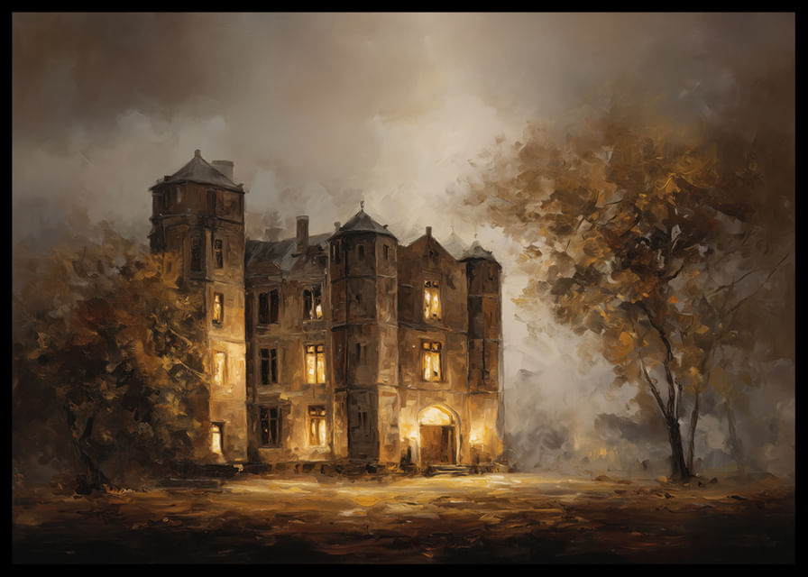 Hangulatos kilátás egy kivilágított kúriára, amelyet az őszi levelek fénye vesz körül-12