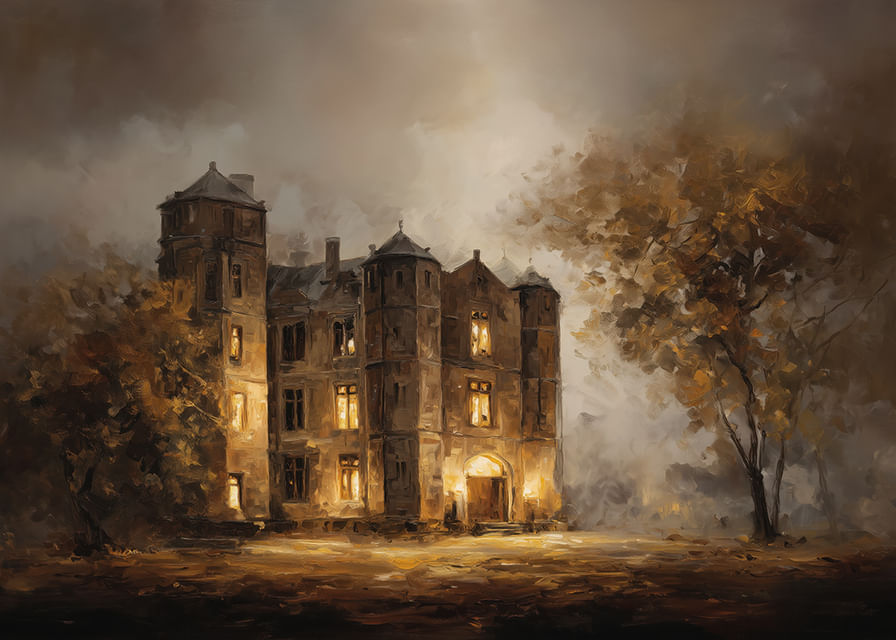 Hangulatos kilátás egy kivilágított kúriára, amelyet az őszi levelek fénye vesz körül-12