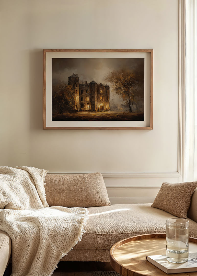 Hangulatos kilátás egy kivilágított kúriára, amelyet az őszi levelek fénye vesz körül-12