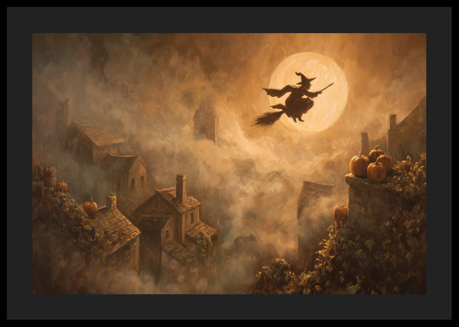 A witch hovers over a fog-covered village in magical moonlight-12