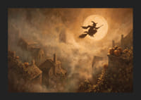 A witch hovers over a fog-covered village in magical moonlight-5