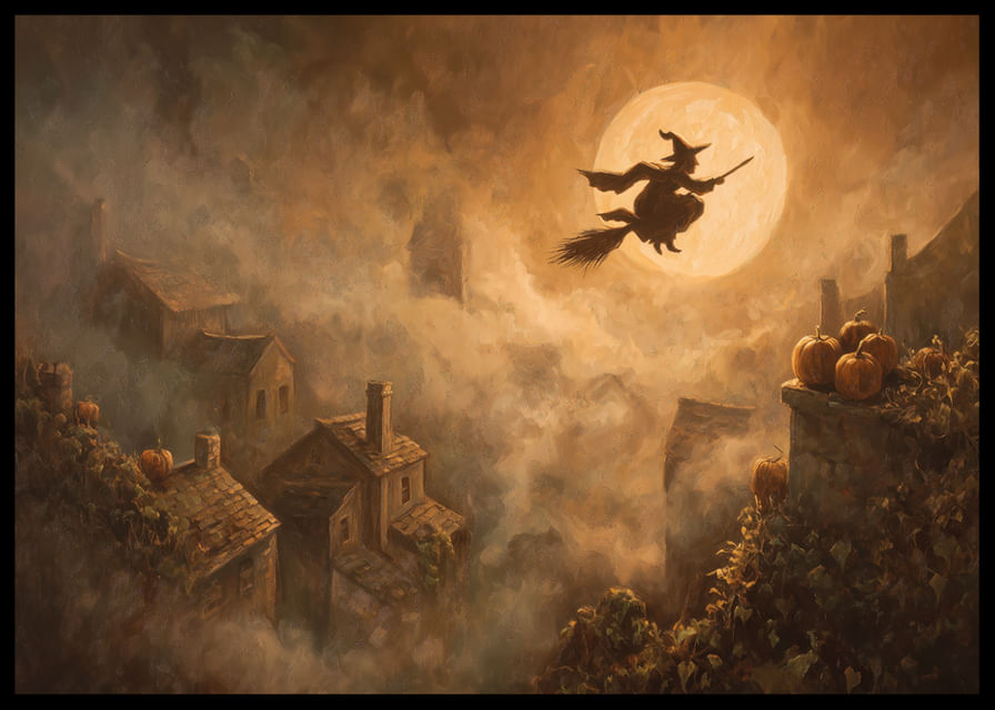 Egy boszorkány lebeg egy ködbe borult falu felett varázslatos holdfényben-12