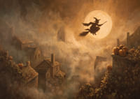Egy boszorkány lebeg egy ködbe borult falu felett varázslatos holdfényben-3