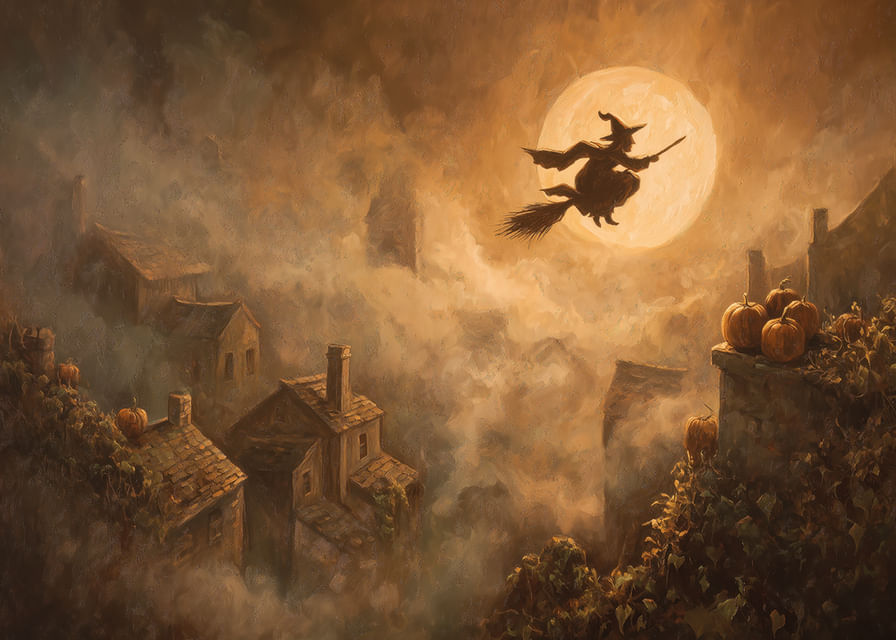 Egy boszorkány lebeg egy ködbe borult falu felett varázslatos holdfényben-12
