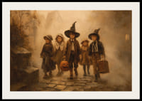 Four children walking through a foggy autumn forest in Halloween costumes-2