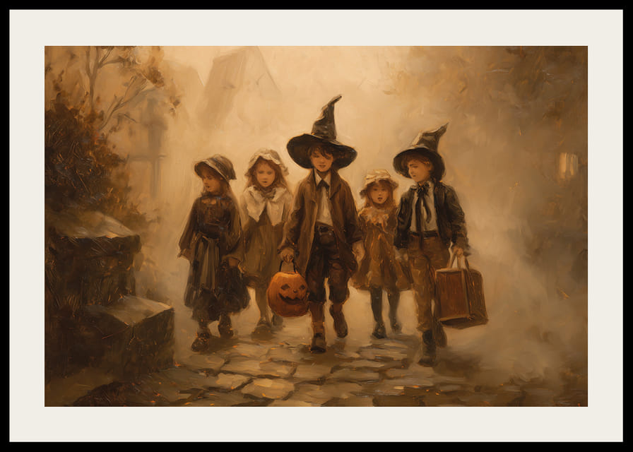 Four children walking through a foggy autumn forest in Halloween costumes-12