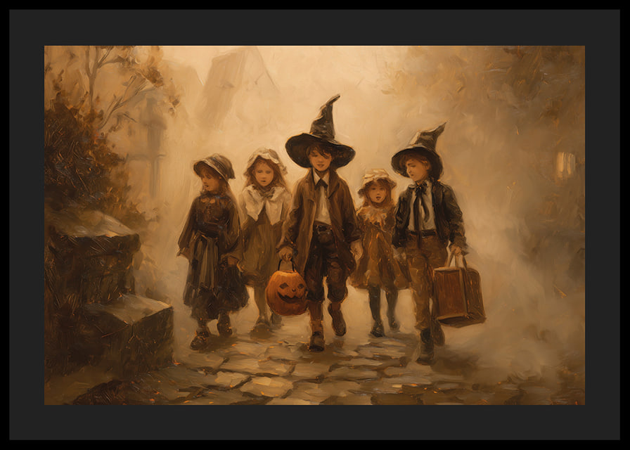 Štyri deti kráčajú cez hmlistý jesenný les v halloweenskych kostýmoch-12