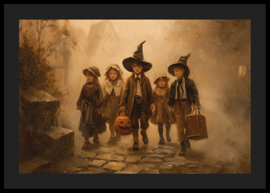 Four children walking through a foggy autumn forest in Halloween costumes-12