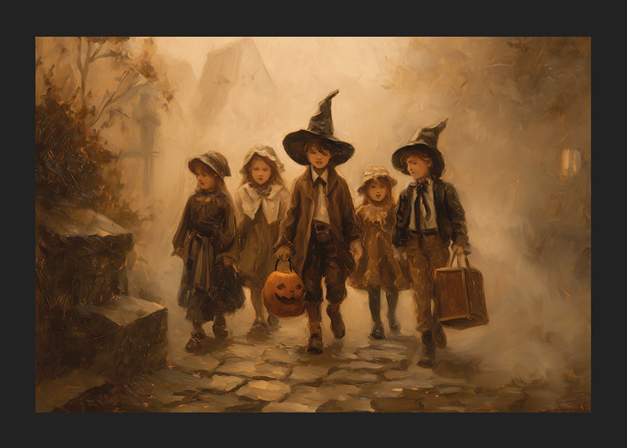 Štyri deti kráčajú cez hmlistý jesenný les v halloweenskych kostýmoch-12
