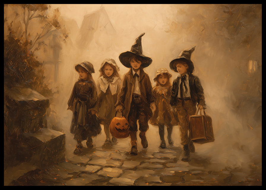 Štyri deti kráčajú cez hmlistý jesenný les v halloweenskych kostýmoch-12