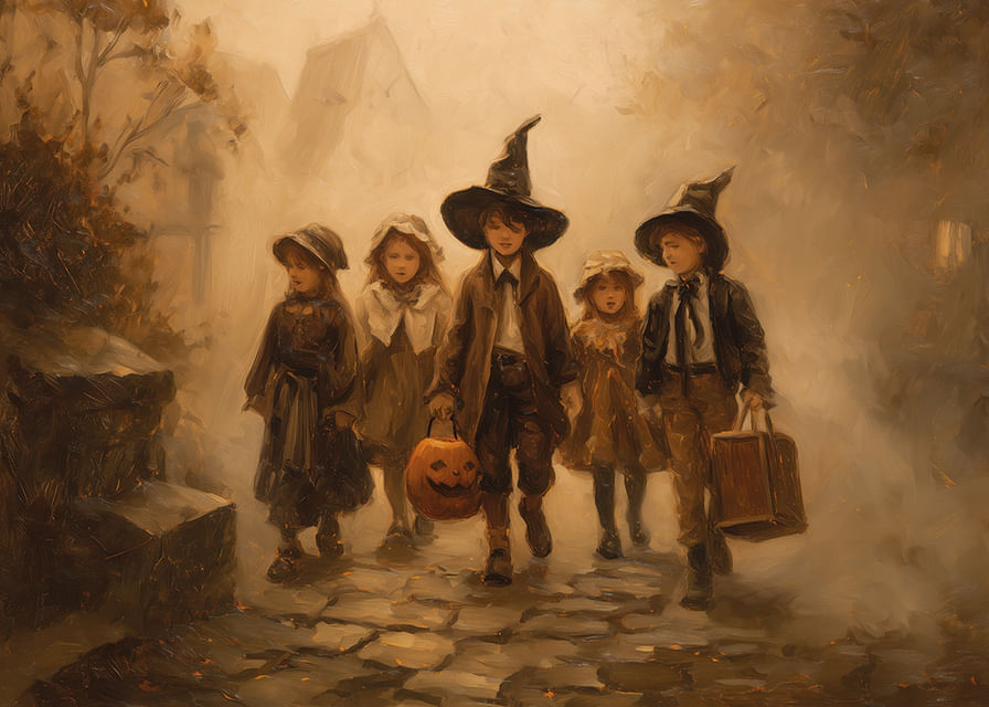 Négy gyerek sétál át egy ködös őszi erdőn halloweeni jelmezekben-12