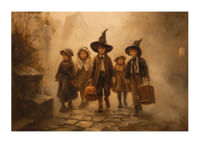 Négy gyerek sétál át egy ködös őszi erdőn halloweeni jelmezekben-1