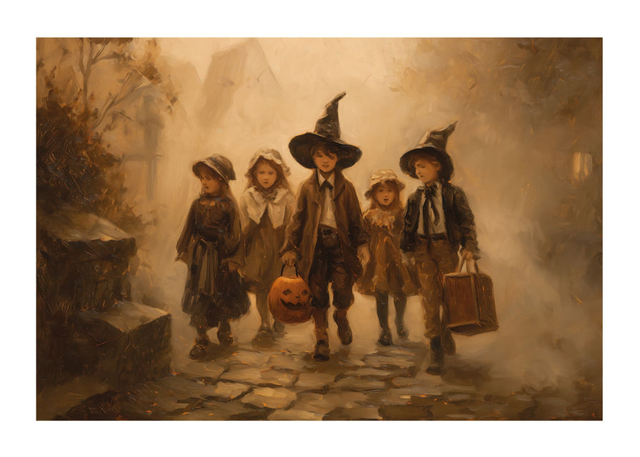 Négy gyerek sétál át egy ködös őszi erdőn halloweeni jelmezekben-12