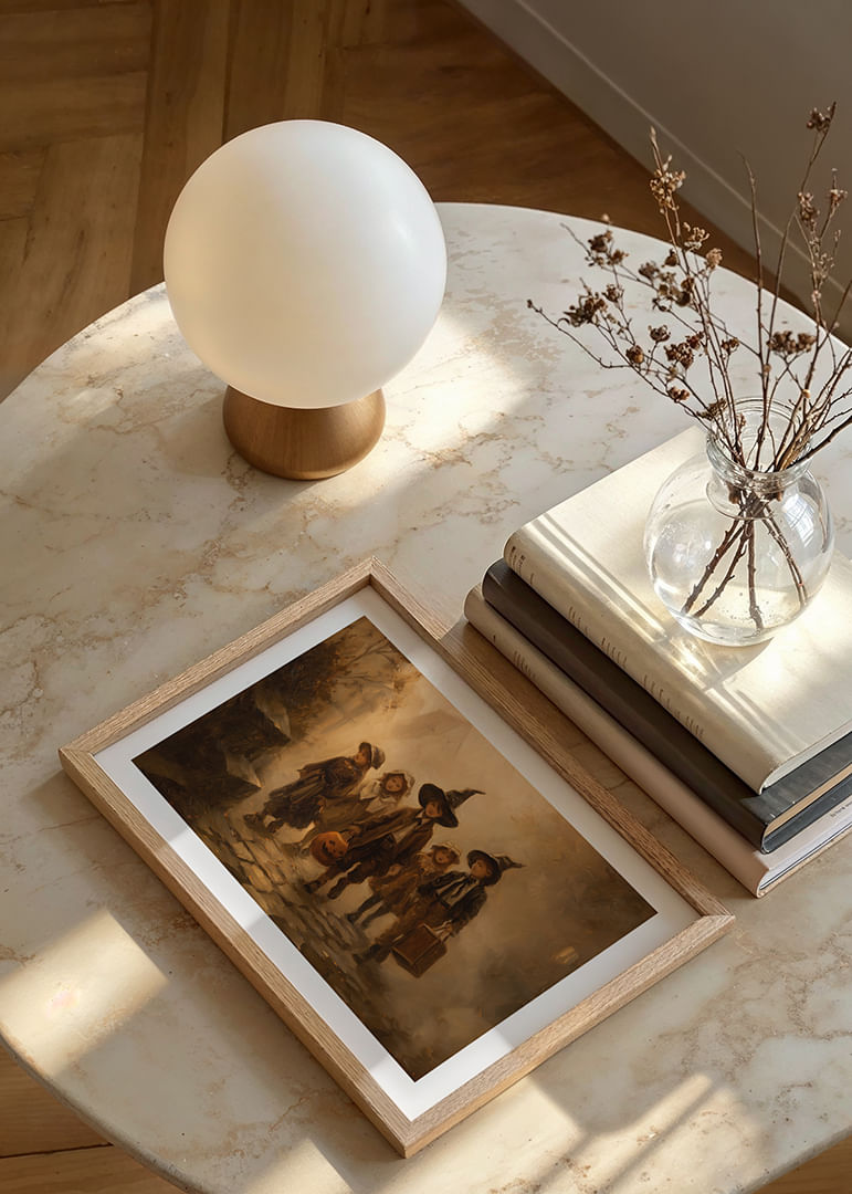 Négy gyerek sétál át egy ködös őszi erdőn halloweeni jelmezekben-12