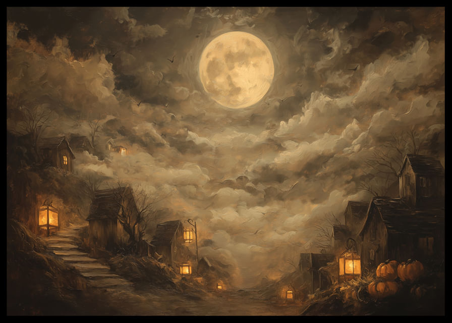 Egy titokzatos éjszaka teliholddal és lámpásokkal, amelyek a ködben ragyognak-12