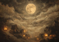Egy titokzatos éjszaka teliholddal és lámpásokkal, amelyek a ködben ragyognak-3