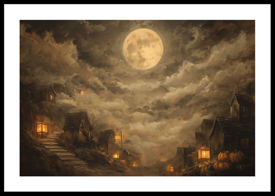 Egy titokzatos éjszaka teliholddal és lámpásokkal, amelyek a ködben ragyognak-12