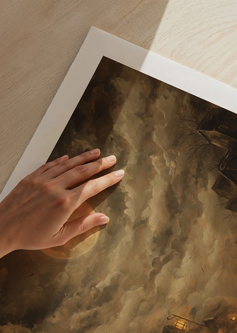 Egy titokzatos éjszaka teliholddal és lámpásokkal, amelyek a ködben ragyognak-12