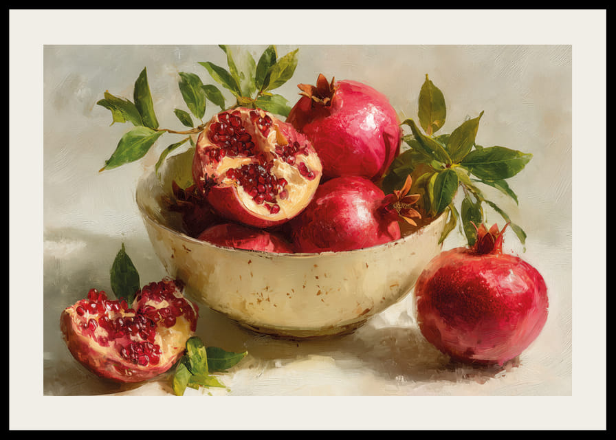 Vibrant poster with pomegranates in a bowl, full of color and life-12