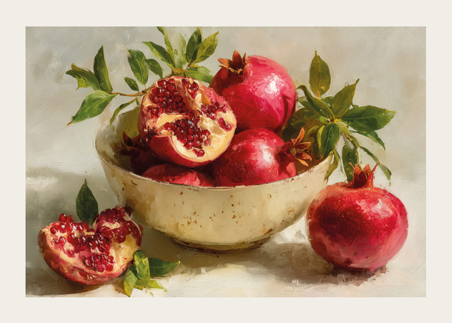 Vibrant poster with pomegranates in a bowl, full of color and life-12
