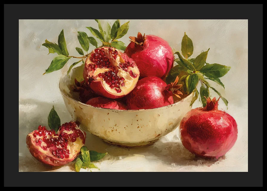 Vibrant poster with pomegranates in a bowl, full of color and life-12