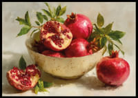 Spilgts plakāts ar granātāboliem bļodā, pilns krāsu un dzīvības-2