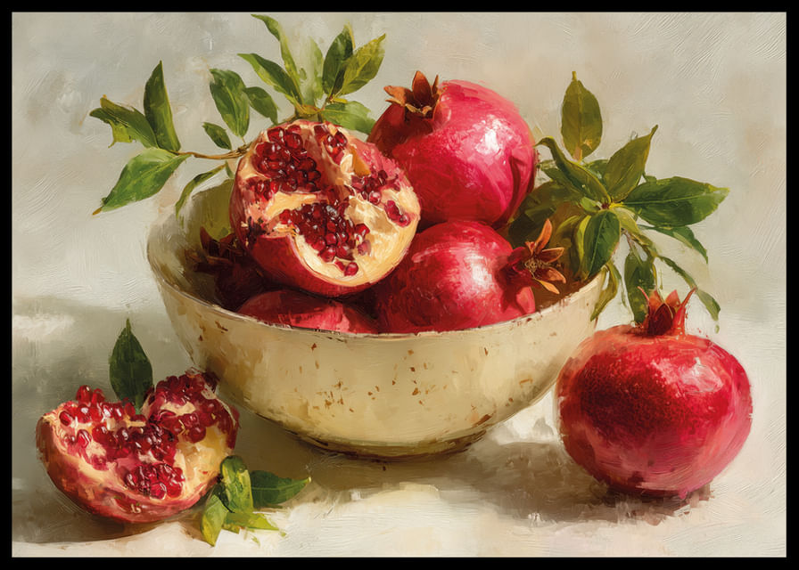 Spilgts plakāts ar granātāboliem bļodā, pilns krāsu un dzīvības-12