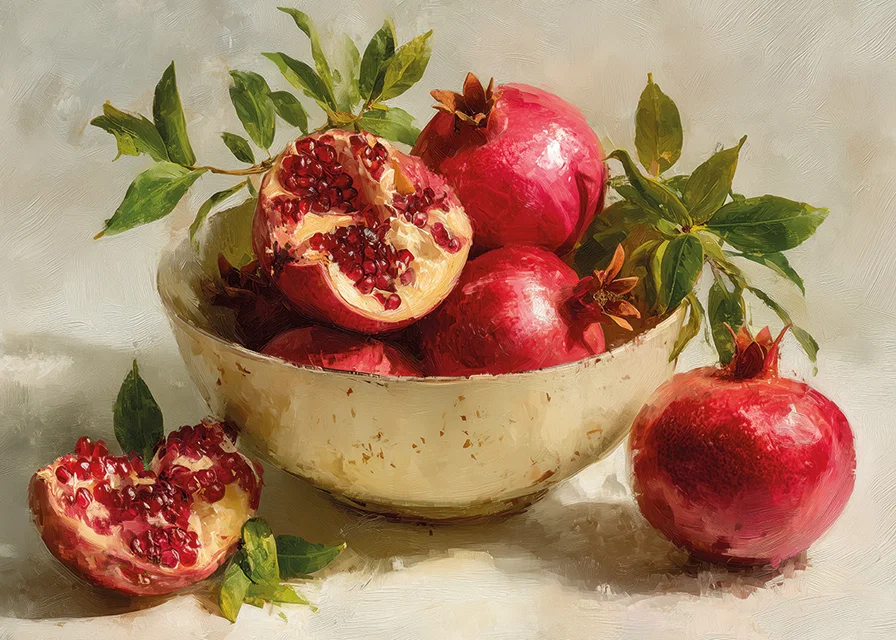 Vibrant poster with pomegranates in a bowl, full of color and life-12