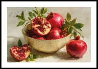 Spilgts plakāts ar granātāboliem bļodā, pilns krāsu un dzīvības-0