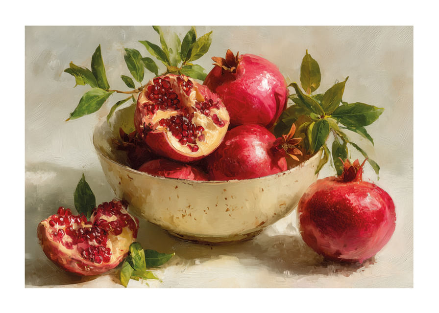 Spilgts plakāts ar granātāboliem bļodā, pilns krāsu un dzīvības-12