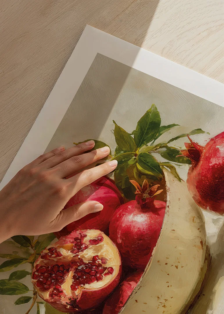 Vibrant poster with pomegranates in a bowl, full of color and life-12