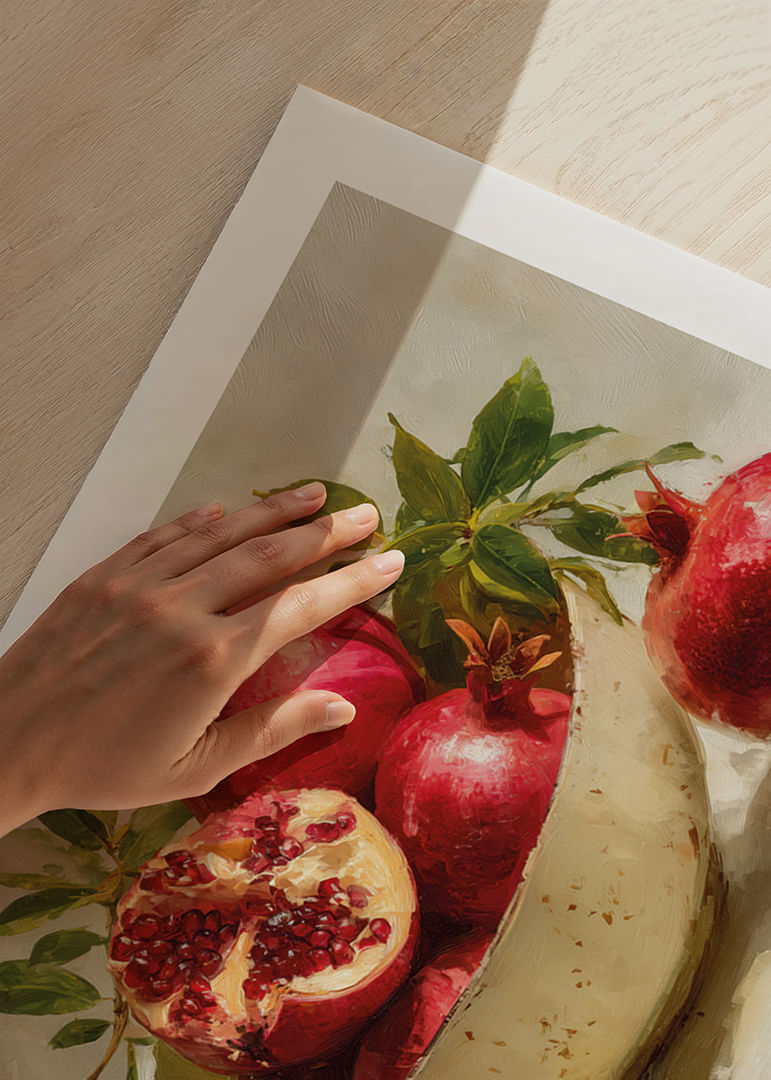 Spilgts plakāts ar granātāboliem bļodā, pilns krāsu un dzīvības-12