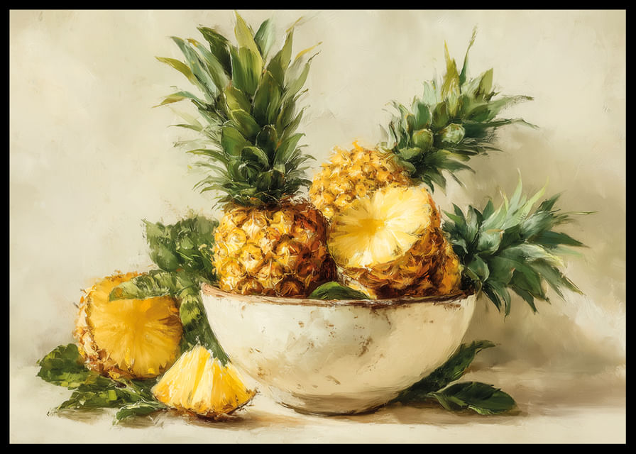 Un ananas gorgé de soleil dans un bol rustique apporte une touche tropicale et chaleureuse.-12