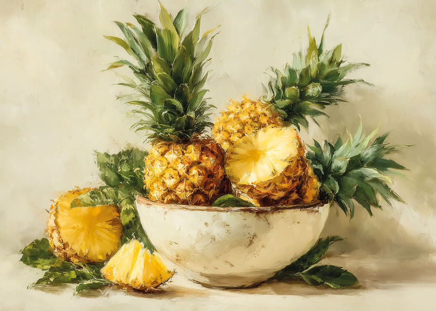 Un ananas gorgé de soleil dans un bol rustique apporte une touche tropicale et chaleureuse.-12