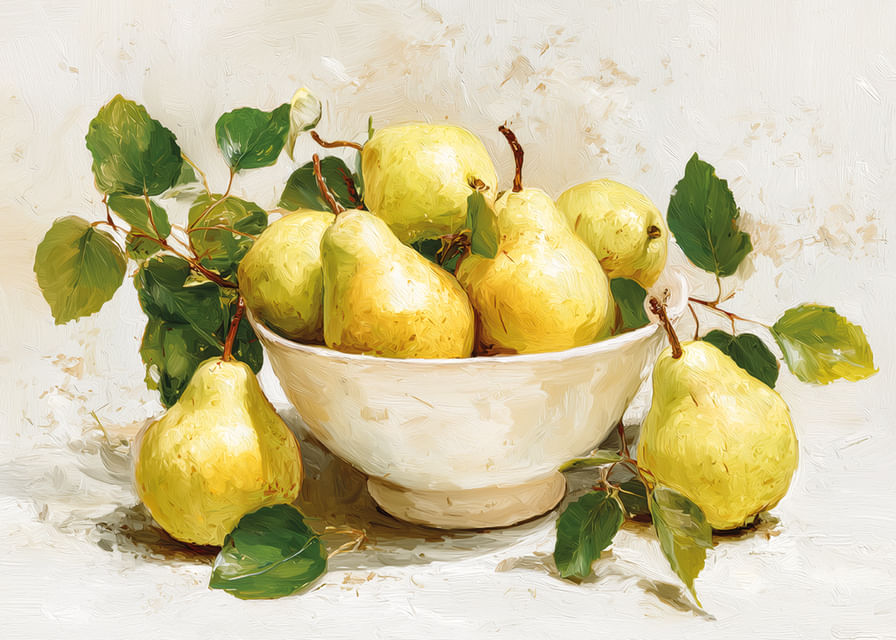 Des poires séduisantes dans un joli bol créent une atmosphère paisible-12