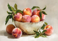 Le pesche colorate in una ciotola rustica diffondono calore e gioia-7