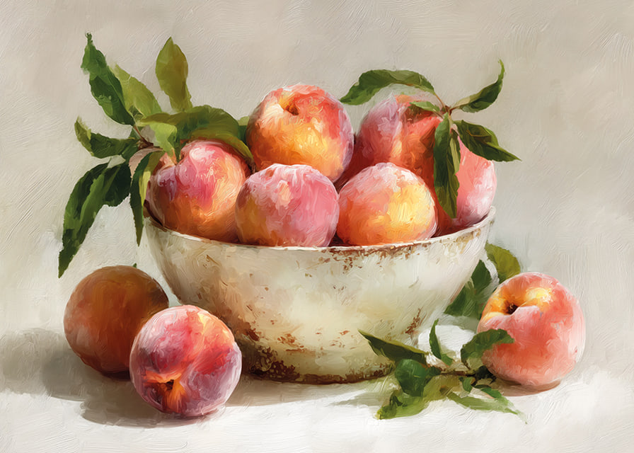 Le pesche colorate in una ciotola rustica diffondono calore e gioia-12