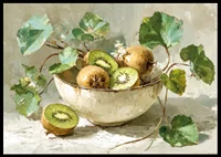 A bowl of kiwis and leaves gives a harmonious and fresh feeling-6